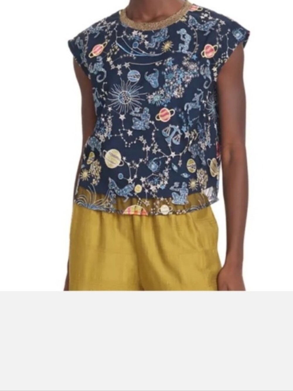 Antropologie Corey Lynn Calter Navy Celestial Print Cap-Sleeve Top  Gold Trim